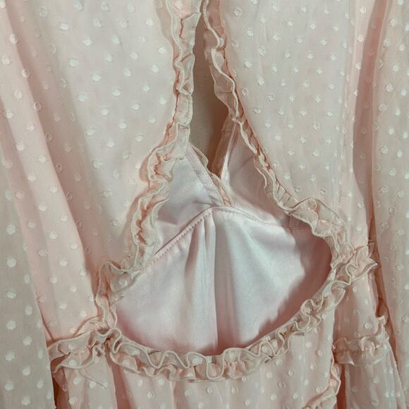 Pink Clip Dot Faux Wrap Mini Dress Size Small Ruffle Babydoll Open Back Dress - Picture 14 of 16